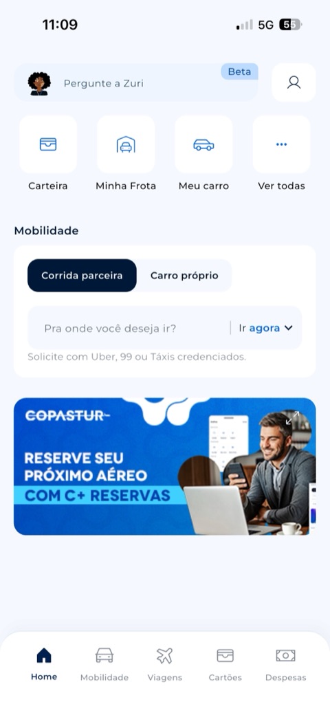 Tela do SuperApp C+ mostrando mobilidade corporativa