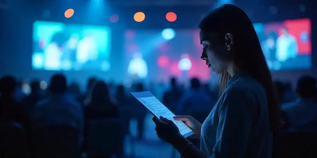 mulher lendo documento em tablet para ilustrar texto sobre política de eventos
