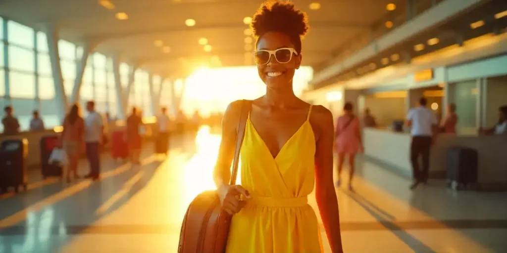 mulher sorrindo em aeroporto para ilustrar texto sobre viagem segura