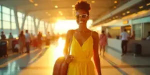 mulher sorrindo em aeroporto para ilustrar texto sobre viagem segura