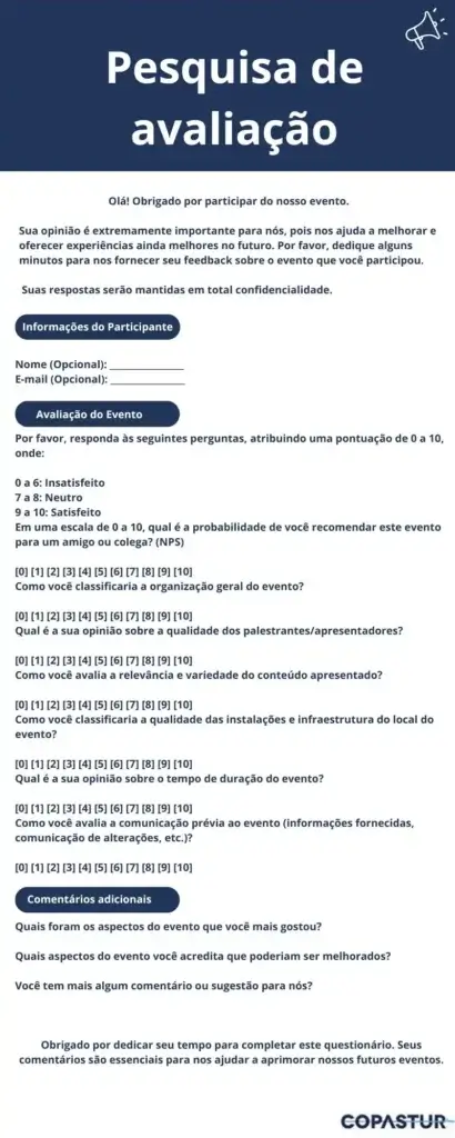 Exemplo de questionário para avaliação de eventos