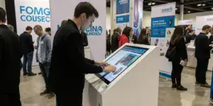 pessoa interagindo com tótem em evento para ilustrar texto de brand experience