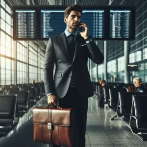 Executivo em aeroporto para ilustrar texto sobre política de viagens corporativas