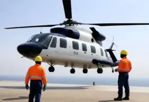profissionais offshore e um helicóptero para ilustrar texto de logística de pessoal