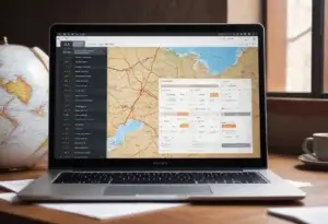 computador com mapa para ilustrar texto de sistema de viagens corporativas