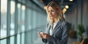 executiva loira segurando cartão de crédito empresarial