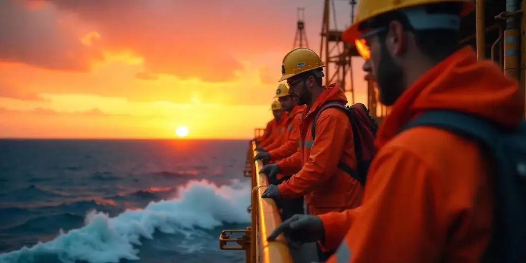 funcionários em uma plataforma de petróleo para ilustrar texto sobre administração offshore