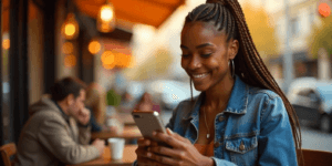 mulher negra usando celular para ilustrar texto sobre aplicativo para organizar viagem