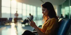 mulher em aeroporto mexendo no celular para ilustrar texto sobre app de viagem