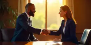 homem e mulher dando um aperto de mão para ilustrar texto sobre relacionamento com stakeholders