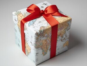 #PraCegoVer: caixa de presente com desenho do mapa múndi enrolado em uma fita vermelha. Premiação corporativa: revolucione o reconhecimento da sua equipe com viagens - Copastur Premia