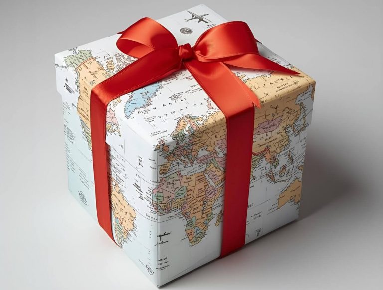 #PraCegoVer: caixa de presente com desenho do mapa múndi enrolado em uma fita vermelha. Premiação corporativa: revolucione o reconhecimento da sua equipe com viagens - Copastur Premia