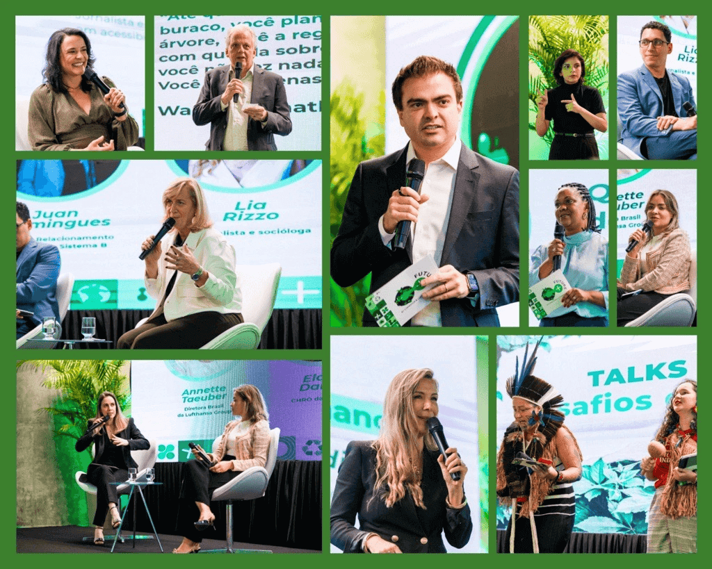 #PraCegoVer: Colagem com fundo verde-escuro e várias fotos do evento C+ Future ESG, uma das ações de sustentabilidade da Copastur com Lufthansa Group. As imagens mostram o palco iluminado em tons de verde, com plantas, poltronas brancas e um grande telão ao fundo exibindo nomes, frases e ícones ligados ao tema. Diferentes palestrantes falam para o público, a maioria segurando um microfone. Há homens e mulheres de diversos tons de pele e cabelo. Algumas fotos mostram especialistas e pessoas executivas em trajes sociais, como blazers, camisas e vestidos, participando de debates e painéis. No canto superior direito do mosaico, há uma intérprete de Libras sinalizando e vestindo roupas pretas. No canto inferior direito, aparecem duas mulheres líderes indígenas. A primeira, à esquerda, veste um cocar alto com penas coloridas, acessórios e uma vestimenta tradicional. A segunda, à direita, também veste roupa tradicional indígena e segura um maracá. O conjunto visual transmite a diversidade de vozes presentes no evento, todas reunidas para discutir desafios climáticos, impacto social e caminhos para um futuro mais sustentável.