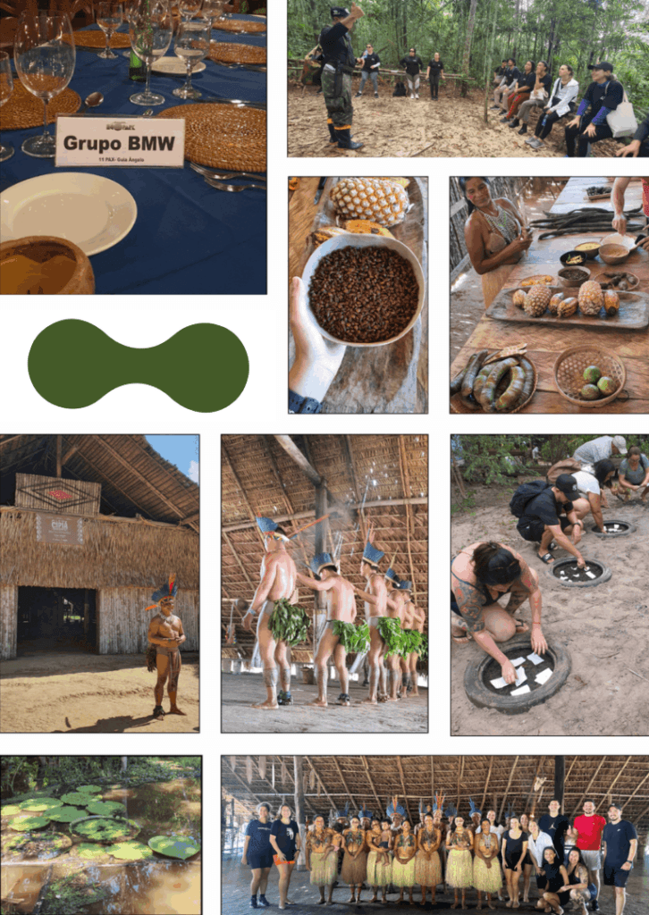 #PraCegoVer: Colagem de fotos que retrata uma viagem de incentivo com foco cultural e imersão na natureza. No canto superior esquerdo, uma mesa posta para jantar, com toalha azul, jogo americano, taças e um porta-nome com a identificação “Grupo BMW”. Ao lado, uma foto de um grupo de pessoas sentadas em meio à floresta, ouvindo atentamente um guia local que fala em pé, cercado pela vegetação densa. No centro da colagem, imagens de alimentos e saberes tradicionais: um close de sementes dentro de uma cuia, frutos amazônicos dispostos sobre uma mesa rústica e uma mulher indígena mostrando os ingredientes. Também aparece um elemento gráfico da Biosfera Copastur em tom verde. Na parte inferior, há cenas de vivências culturais indígenas: uma construção tradicional de palha; homens indígenas dançando em fila dentro de uma oca, usando adornos corporais com folhas; pessoas participando de uma atividade prática no chão de terra, em torno de um objeto circular; um igarapé com vitórias-régias; e, por fim, uma foto de grupo reunindo participantes da viagem ao lado das comunidades locais, sorrindo dentro de uma grande oca. A colagem transmite integração, aprendizado cultural e conexão com a natureza.