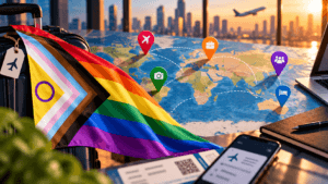 Imagem horizontal de turismo LGBT, em estilo fotográfico, que representa uma viagem internacional com elementos de turismo corporativo e diversidade. À esquerda, uma mala preta de viagem aparece coberta pela bandeira da comunidade LGBTQIAPN+ atual, com as seis cores do arco-íris e uma faixa em formato de seta nas cores branca, rosa-claro, azul-claro, marrom e preta, além de um círculo roxo sobre fundo amarelo. Ao centro, há um mapa-múndi azul com linhas pontilhadas indicando diferentes rotas e marcadores coloridos de destinos, com símbolos de avião, maleta, câmera, grupo de pessoas e hospedagem. À direita, aparecem parcialmente um computador portátil, um caderno com caneta e um celular, além de cartões de embarque em primeiro plano. Ao fundo, grandes janelas mostram uma cidade iluminada pelo pôr do sol e um avião em voo (foto gerada com IA).