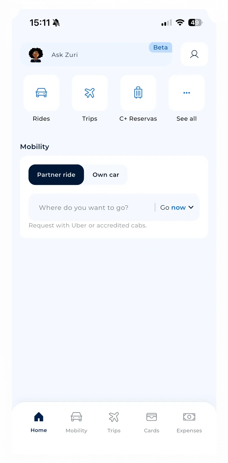 C+ app: home screen with rides, trips and C+ Reservas