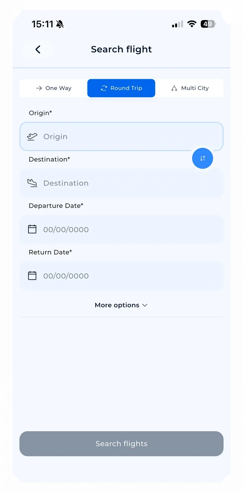 C+ app: search flight screen with origin, destination and dates