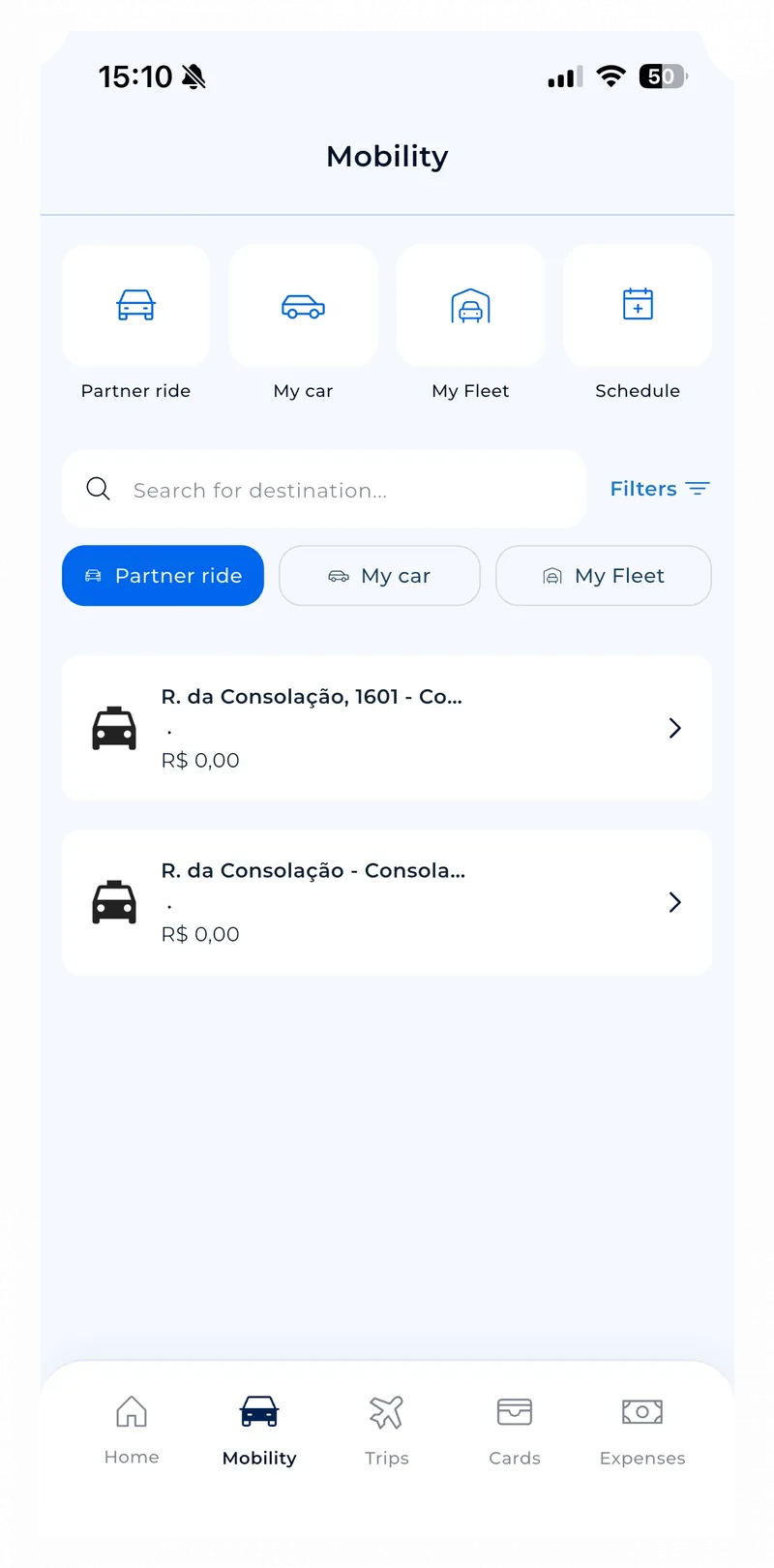 C+ app: mobility screen with partner ride, own car and fleet