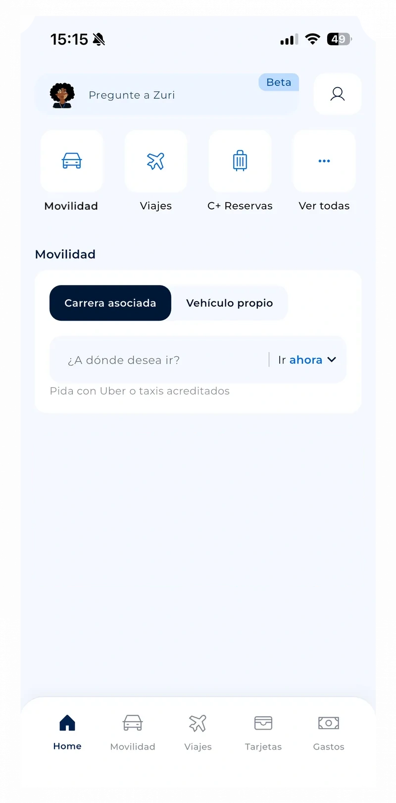 App C+: pantalla de inicio con movilidad, viajes y C+ Reservas