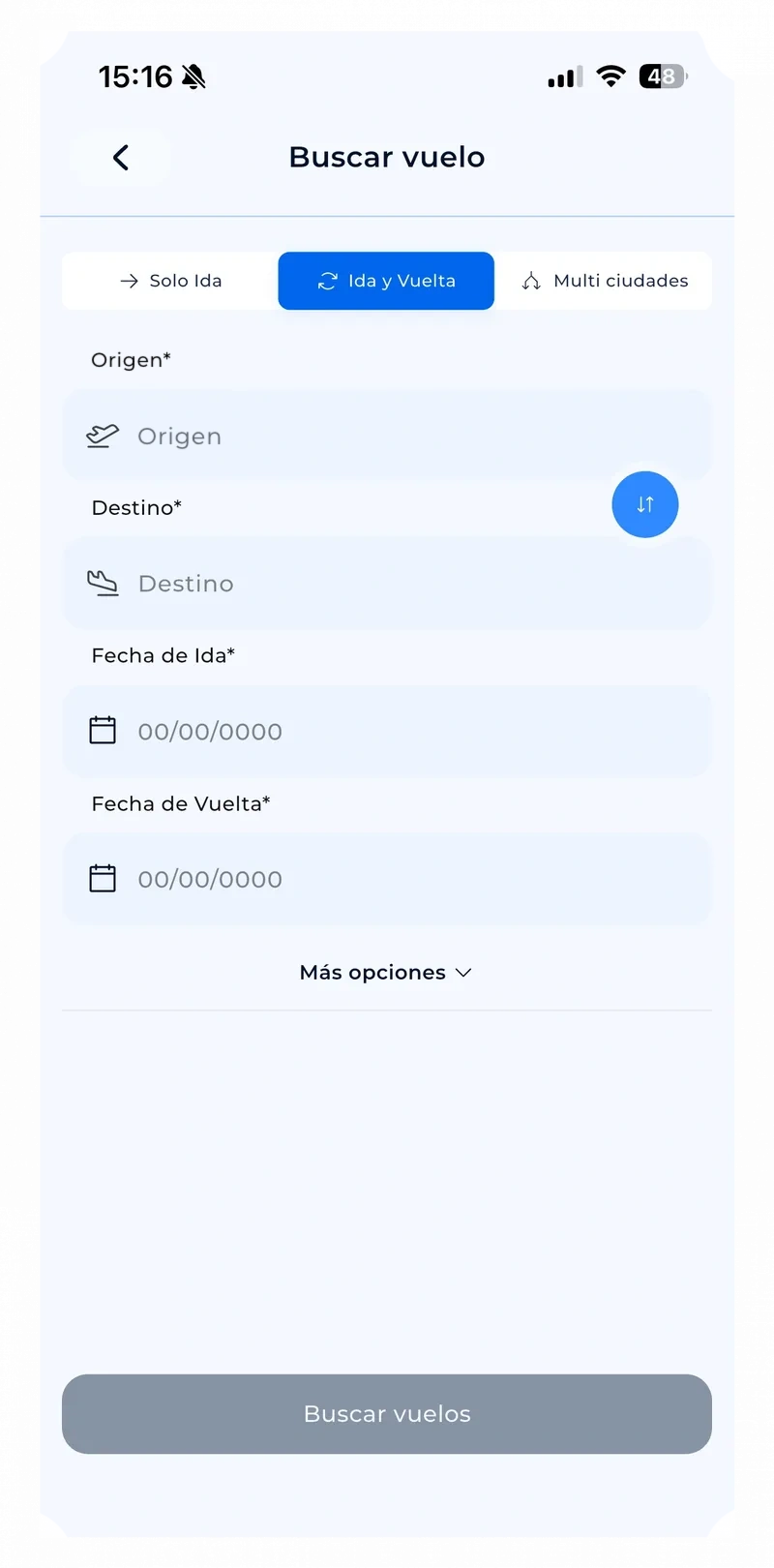 App C+: pantalla Buscar vuelo, con origen, destino y fechas de ida y vuelta