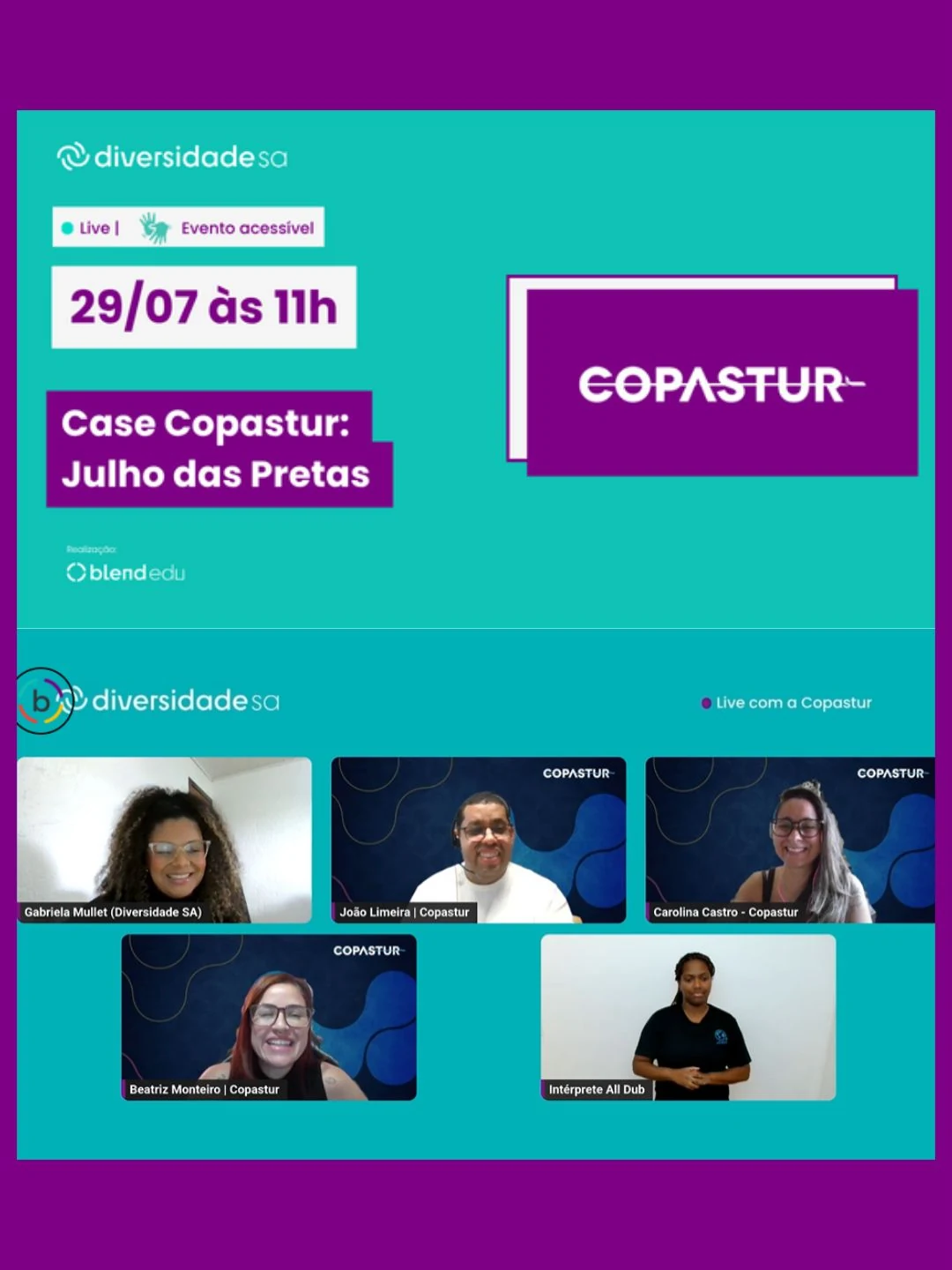 Card da live “Case Copastur: Julho das Pretas”, da comunidade Diversidade S.A., em 29/07 às 11h