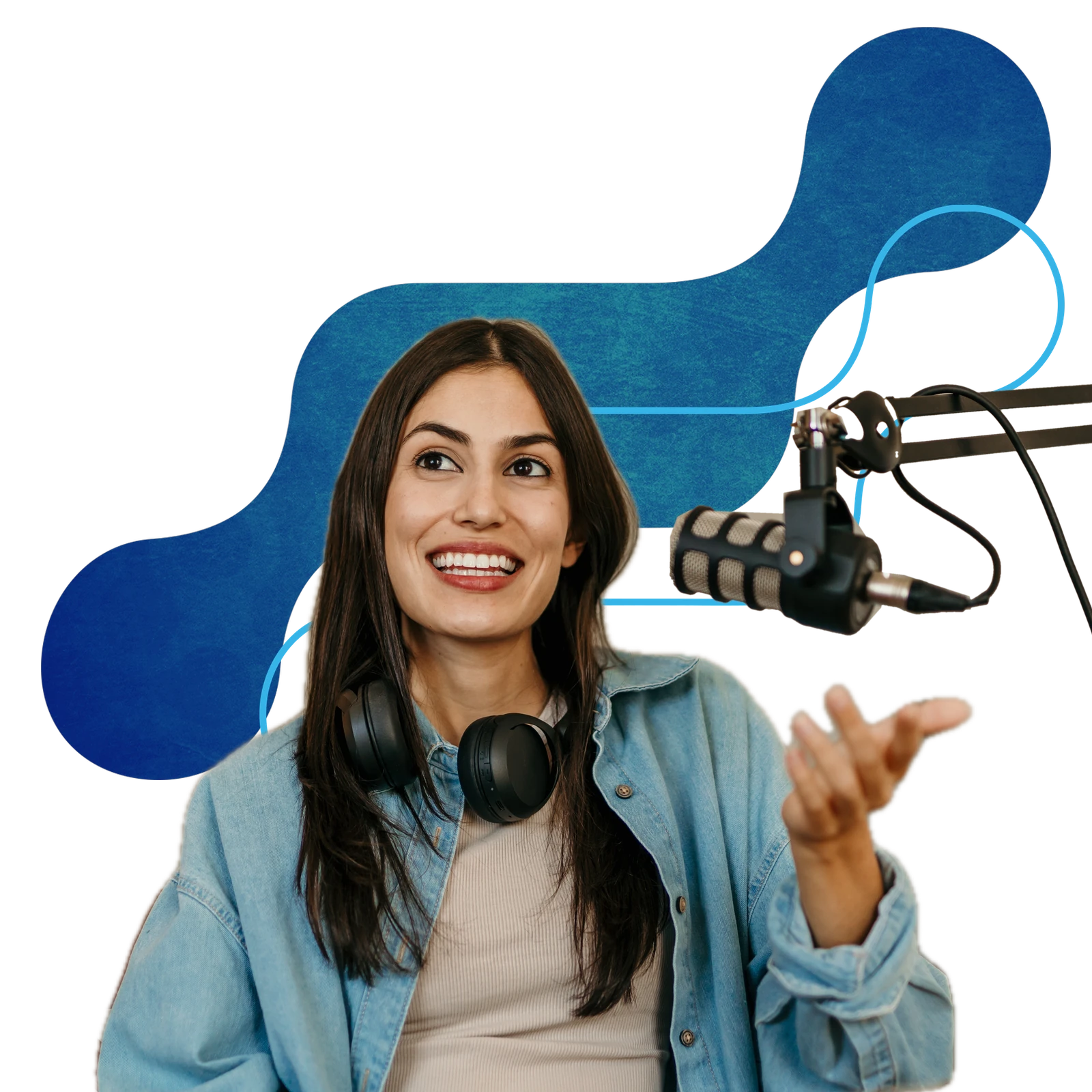 Smiling woman with headphones around her neck, speaking into a microphone in front of a Biosfera Copastur shape