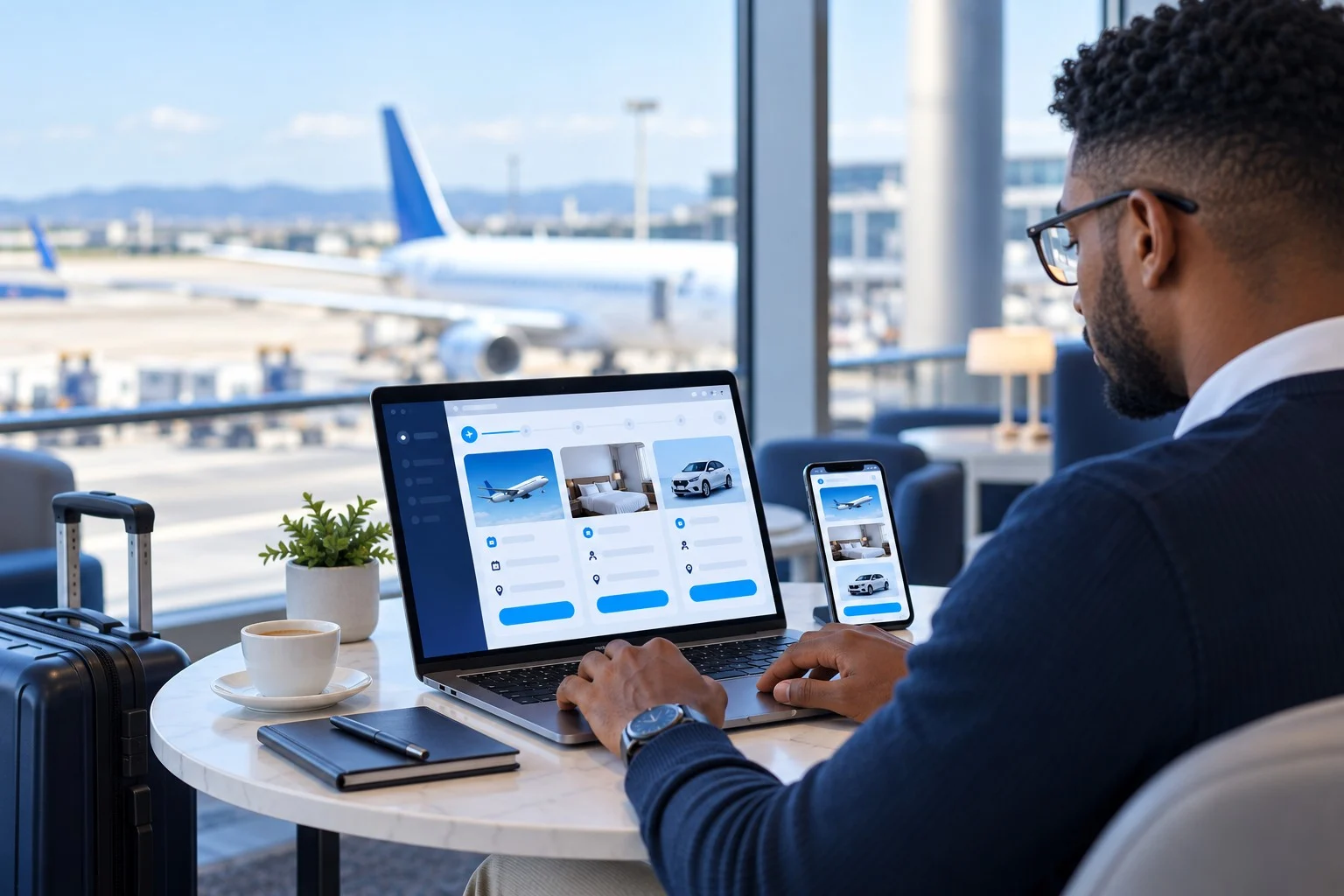 Viajero de negocios en una sala de aeropuerto reserva vuelo, hotel y auto en una misma pantalla, en el notebook y en el celular
